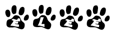 The image shows a series of animal paw prints arranged in a horizontal line. Each paw print contains a letter, and together they spell out the word Elee.