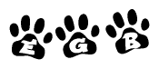 The image shows a series of animal paw prints arranged horizontally. Within each paw print, there's a letter; together they spell Egb