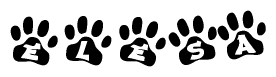 The image shows a series of animal paw prints arranged in a horizontal line. Each paw print contains a letter, and together they spell out the word Elesa.