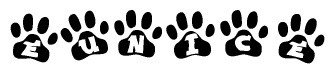 The image shows a series of animal paw prints arranged horizontally. Within each paw print, there's a letter; together they spell Eunice
