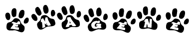 The image shows a series of animal paw prints arranged horizontally. Within each paw print, there's a letter; together they spell Emagene