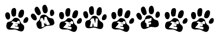 The image shows a row of animal paw prints, each containing a letter. The letters spell out the word Emenefee within the paw prints.