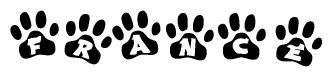 The image shows a series of animal paw prints arranged horizontally. Within each paw print, there's a letter; together they spell France
