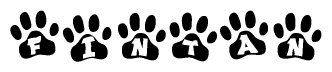 The image shows a series of animal paw prints arranged horizontally. Within each paw print, there's a letter; together they spell Fintan