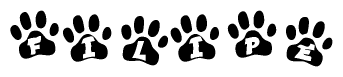 The image shows a row of animal paw prints, each containing a letter. The letters spell out the word Filipe within the paw prints.