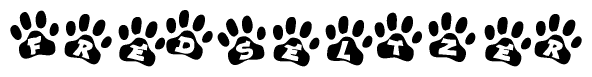 The image shows a row of animal paw prints, each containing a letter. The letters spell out the word Fredseltzer within the paw prints.