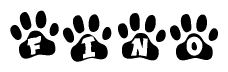 The image shows a series of animal paw prints arranged in a horizontal line. Each paw print contains a letter, and together they spell out the word Fino.