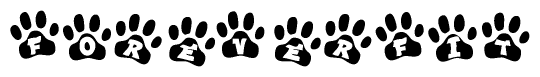 The image shows a row of animal paw prints, each containing a letter. The letters spell out the word Foreverfit within the paw prints.