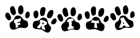 The image shows a series of animal paw prints arranged horizontally. Within each paw print, there's a letter; together they spell Frita