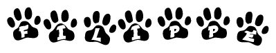 The image shows a row of animal paw prints, each containing a letter. The letters spell out the word Filippe within the paw prints.