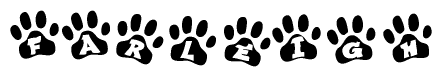 The image shows a row of animal paw prints, each containing a letter. The letters spell out the word Farleigh within the paw prints.