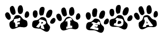 The image shows a series of animal paw prints arranged in a horizontal line. Each paw print contains a letter, and together they spell out the word Frieda.