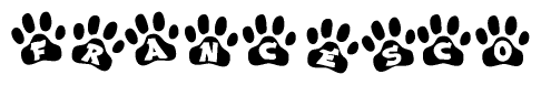 The image shows a series of animal paw prints arranged in a horizontal line. Each paw print contains a letter, and together they spell out the word Francesco.