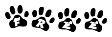 The image shows a series of animal paw prints arranged horizontally. Within each paw print, there's a letter; together they spell Free