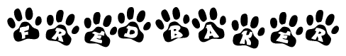 The image shows a series of animal paw prints arranged in a horizontal line. Each paw print contains a letter, and together they spell out the word Fredbaker.