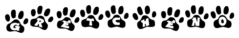 The image shows a series of animal paw prints arranged in a horizontal line. Each paw print contains a letter, and together they spell out the word Gretcheno.