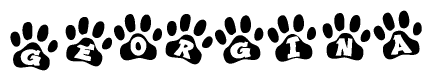 The image shows a series of animal paw prints arranged horizontally. Within each paw print, there's a letter; together they spell Georgina