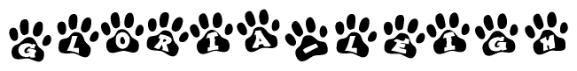 The image shows a series of animal paw prints arranged in a horizontal line. Each paw print contains a letter, and together they spell out the word Gloria-leigh.