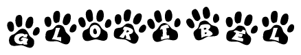 The image shows a series of animal paw prints arranged horizontally. Within each paw print, there's a letter; together they spell Gloribel