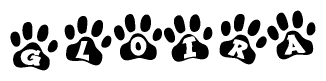 The image shows a row of animal paw prints, each containing a letter. The letters spell out the word Gloira within the paw prints.