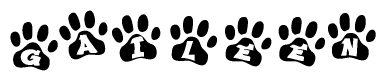 The image shows a series of animal paw prints arranged in a horizontal line. Each paw print contains a letter, and together they spell out the word Gaileen.