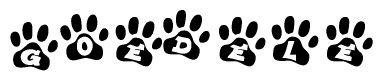 The image shows a series of animal paw prints arranged in a horizontal line. Each paw print contains a letter, and together they spell out the word Goedele.