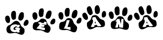 The image shows a series of animal paw prints arranged horizontally. Within each paw print, there's a letter; together they spell Gelana