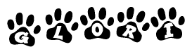 The image shows a row of animal paw prints, each containing a letter. The letters spell out the word Glori within the paw prints.