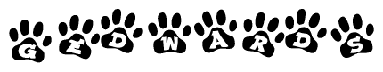 The image shows a row of animal paw prints, each containing a letter. The letters spell out the word Gedwards within the paw prints.