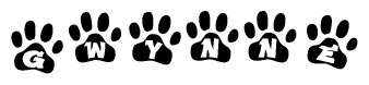 The image shows a row of animal paw prints, each containing a letter. The letters spell out the word Gwynne within the paw prints.