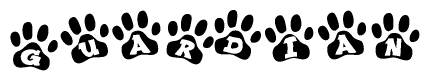The image shows a row of animal paw prints, each containing a letter. The letters spell out the word Guardian within the paw prints.
