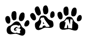 The image shows a series of animal paw prints arranged in a horizontal line. Each paw print contains a letter, and together they spell out the word Gan.