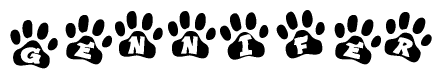 The image shows a series of animal paw prints arranged in a horizontal line. Each paw print contains a letter, and together they spell out the word Gennifer.