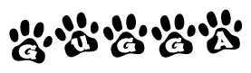 The image shows a series of animal paw prints arranged in a horizontal line. Each paw print contains a letter, and together they spell out the word Gugga.