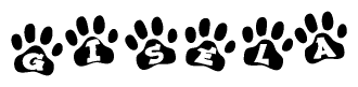The image shows a series of animal paw prints arranged in a horizontal line. Each paw print contains a letter, and together they spell out the word Gisela.