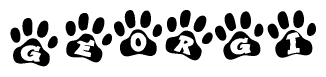 The image shows a series of animal paw prints arranged in a horizontal line. Each paw print contains a letter, and together they spell out the word Georgi.