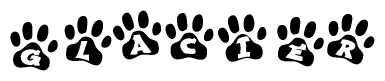 The image shows a row of animal paw prints, each containing a letter. The letters spell out the word Glacier within the paw prints.