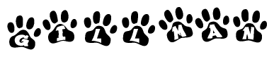 The image shows a series of animal paw prints arranged horizontally. Within each paw print, there's a letter; together they spell Gillman