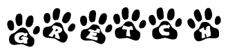 The image shows a series of animal paw prints arranged horizontally. Within each paw print, there's a letter; together they spell Gretch