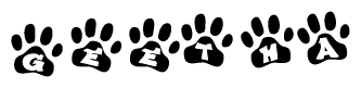 The image shows a series of animal paw prints arranged horizontally. Within each paw print, there's a letter; together they spell Geetha