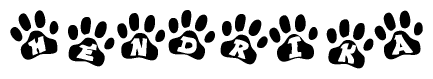 The image shows a row of animal paw prints, each containing a letter. The letters spell out the word Hendrika within the paw prints.