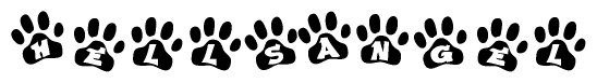 The image shows a row of animal paw prints, each containing a letter. The letters spell out the word Hellsangel within the paw prints.