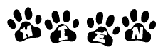 The image shows a series of animal paw prints arranged in a horizontal line. Each paw print contains a letter, and together they spell out the word Hien.