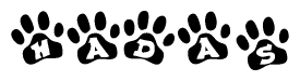 The image shows a row of animal paw prints, each containing a letter. The letters spell out the word Hadas within the paw prints.