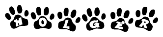The image shows a series of animal paw prints arranged horizontally. Within each paw print, there's a letter; together they spell Holger