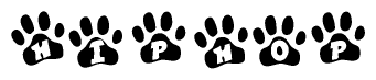 The image shows a series of animal paw prints arranged horizontally. Within each paw print, there's a letter; together they spell Hiphop