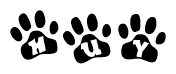 The image shows a series of animal paw prints arranged horizontally. Within each paw print, there's a letter; together they spell Huy