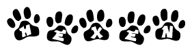The image shows a series of animal paw prints arranged horizontally. Within each paw print, there's a letter; together they spell Hexen