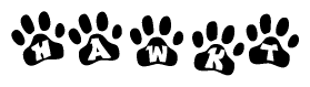 The image shows a row of animal paw prints, each containing a letter. The letters spell out the word Hawkt within the paw prints.