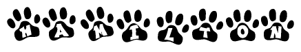 The image shows a series of animal paw prints arranged in a horizontal line. Each paw print contains a letter, and together they spell out the word Hamilton.